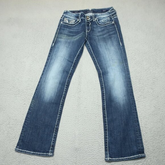 Vigoss Jeans Women 30x32 The Chelsea Slim Boot Blue Embroidered Med Wash 7 8 - Picture 1 of 15